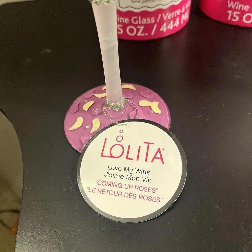 LOLITA Hand Painted Wine Glass Purple And Yellow “Coming Up Roses” - Picture 4 of 9